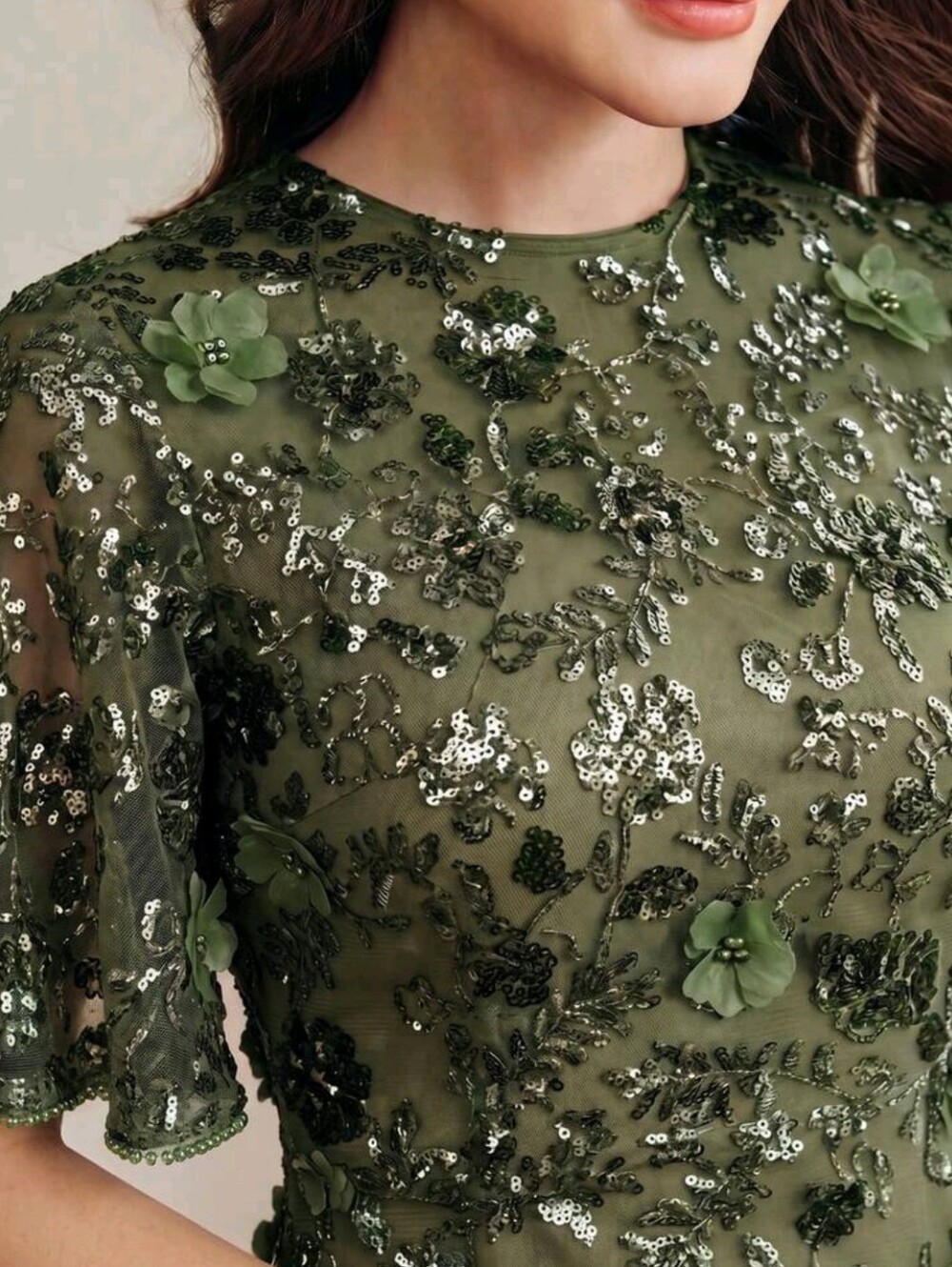 New Luxe Sequin Long Dress Flutter Short Sleeve Olive Green - Picture 4 of 12
